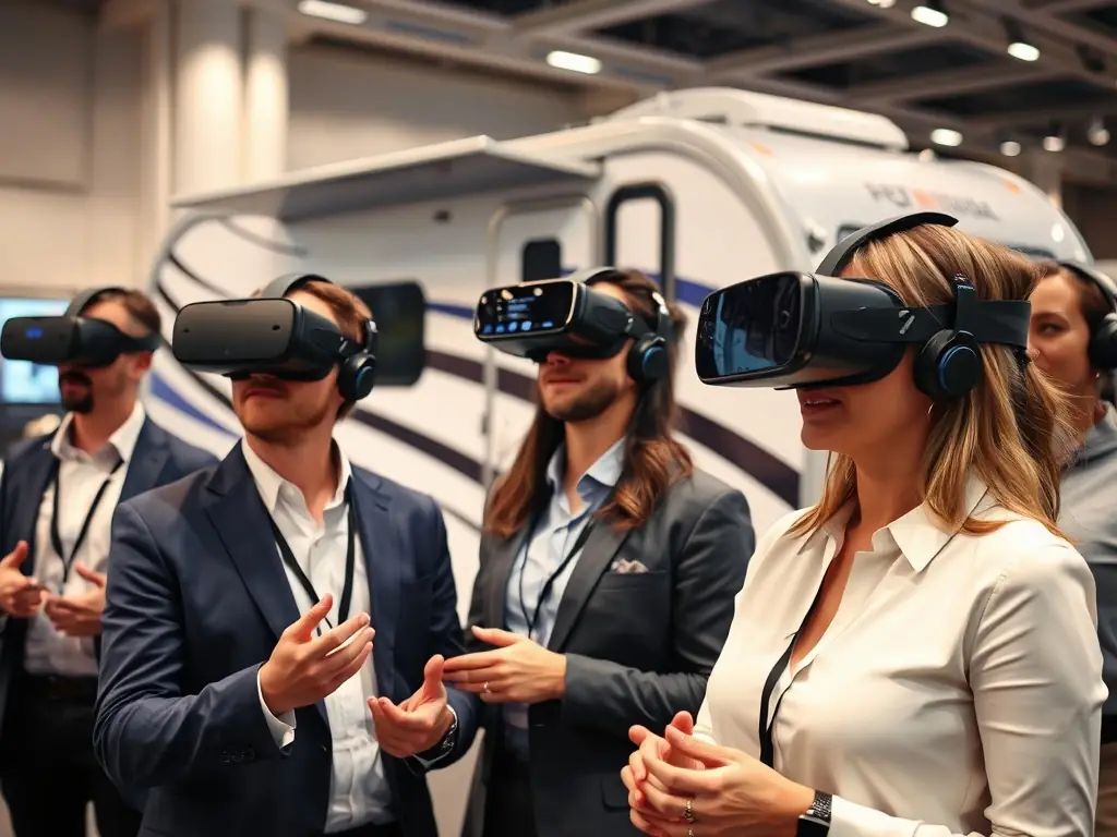 A team of business executives collaborating in a virtual reality environment, strategizing and problem-solving with the help of a VR coach.