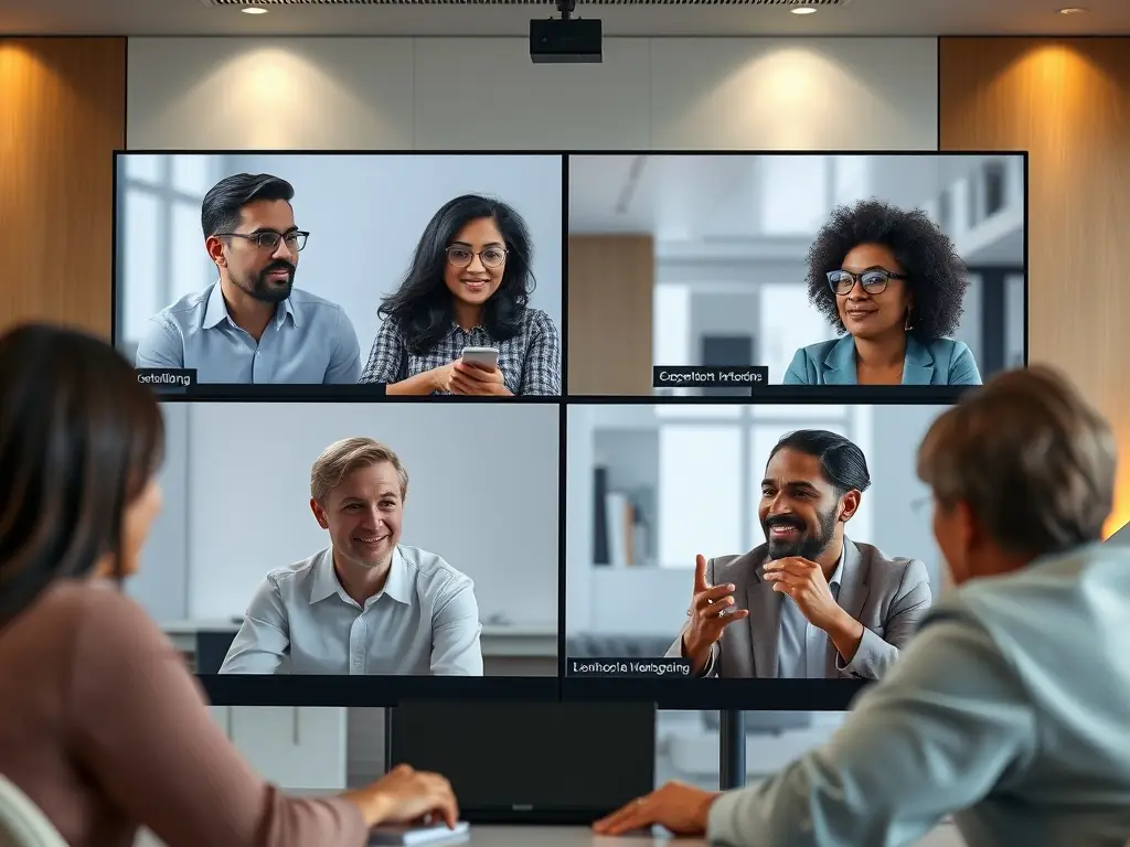 A diverse group of young adults participating in a VR coaching session, smiling and engaged, set in a modern, brightly lit training facility.