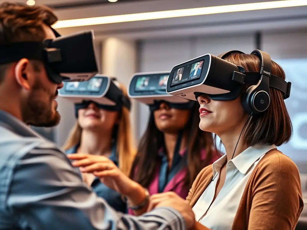 A professional in a VR headset, participating in a leadership training simulation, with a coach guiding them through the experience.