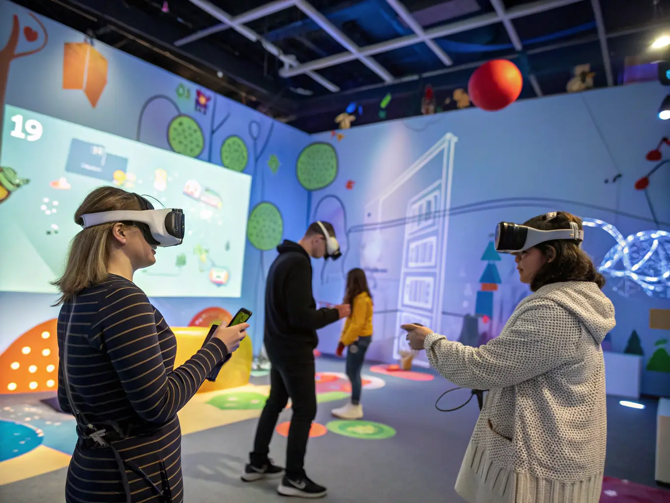 A person interacting with a VR simulation designed to improve teamwork and collaboration skills. The virtual environment shows a collaborative problem-solving scenario.