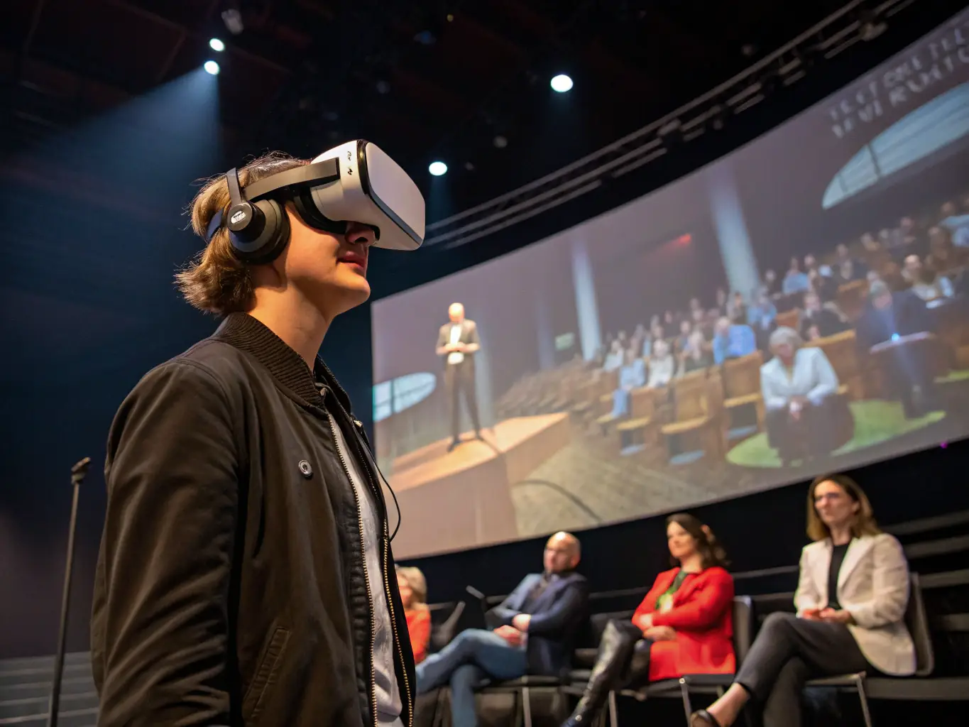 A person wearing a VR headset, participating in a virtual reality coaching session focused on public speaking. The virtual environment simulates a conference room with an audience.